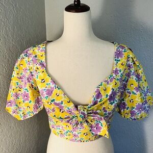 River Island Floral Print Puff Sleeve Crop Top, Yellow/Purple, Small/Size 4, NWT